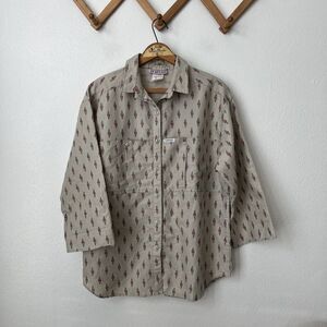 Vtg Cabrais tan red abstract print womens 3/4 slv top button gorpcore hiking S/M